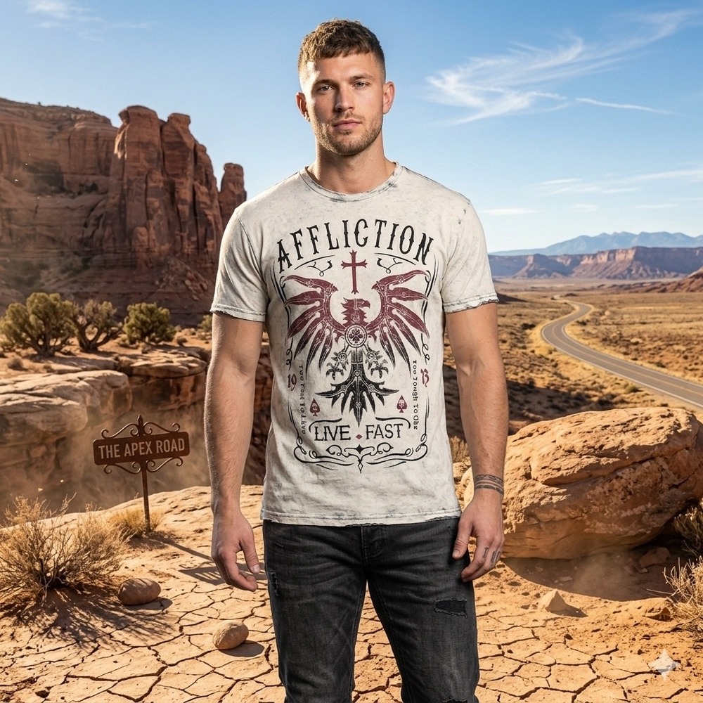 Affliction Mens Size Large Live Fast Shirt Gray Acid Wash Eagle Cross Wings Y2K